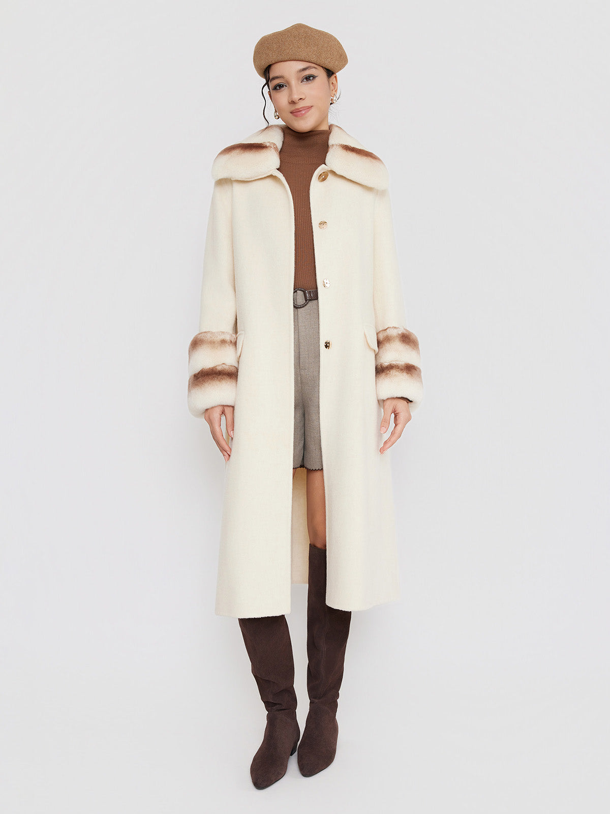 ASOBIO Wool Coat with Rex Rabbit Fur Collar