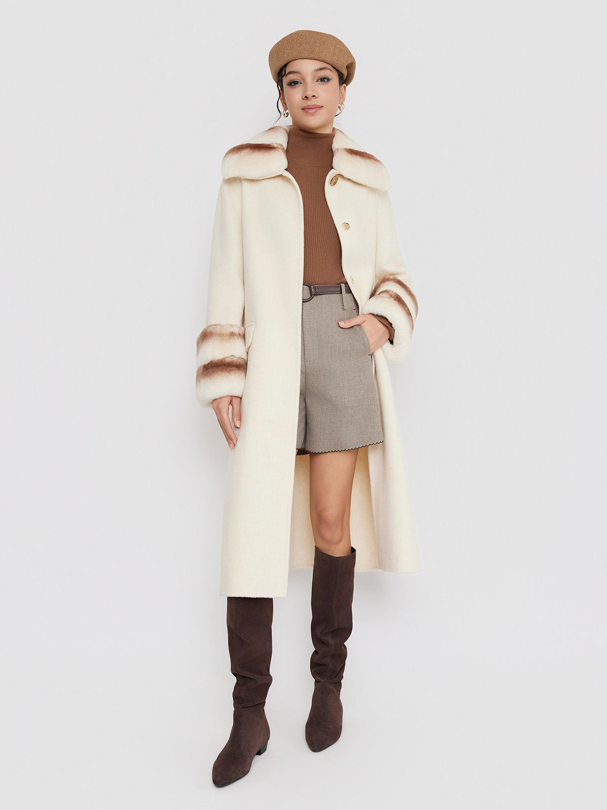 ASOBIO Wool Coat with Rex Rabbit Fur Collar