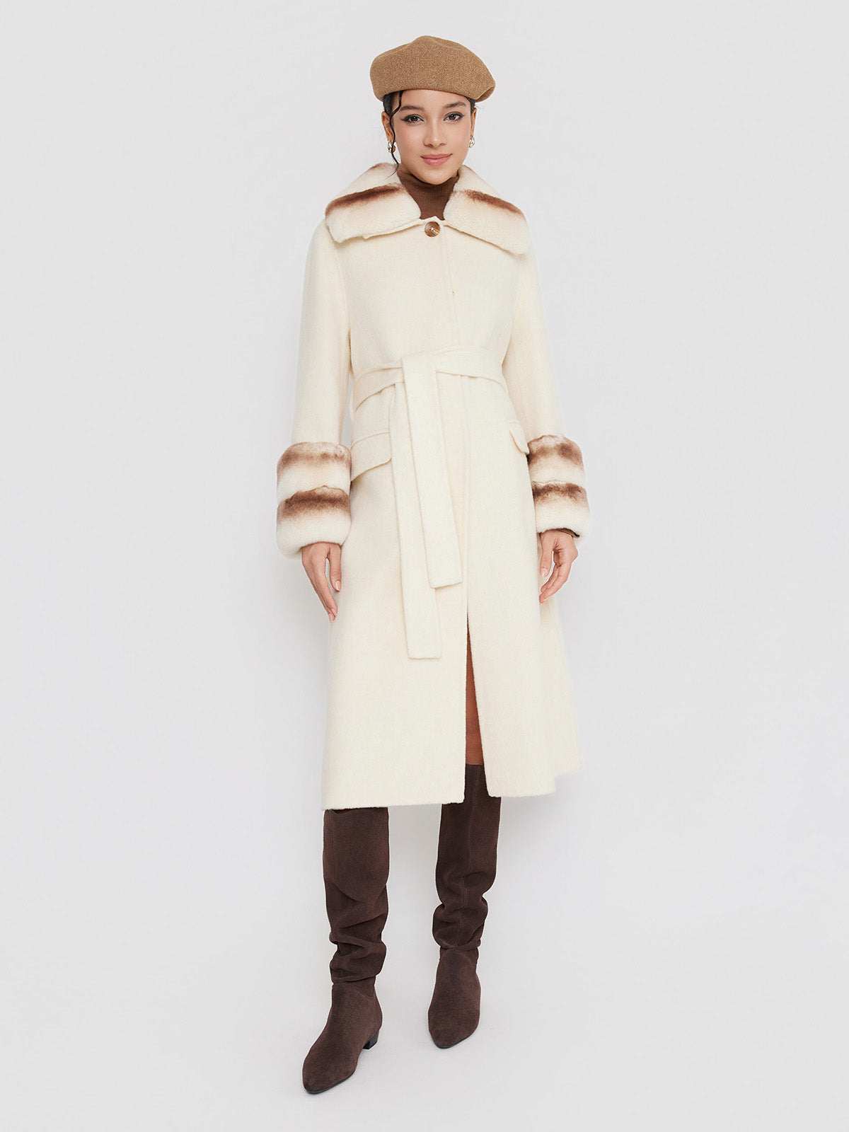 ASOBIO Wool Coat with Rex Rabbit Fur Collar