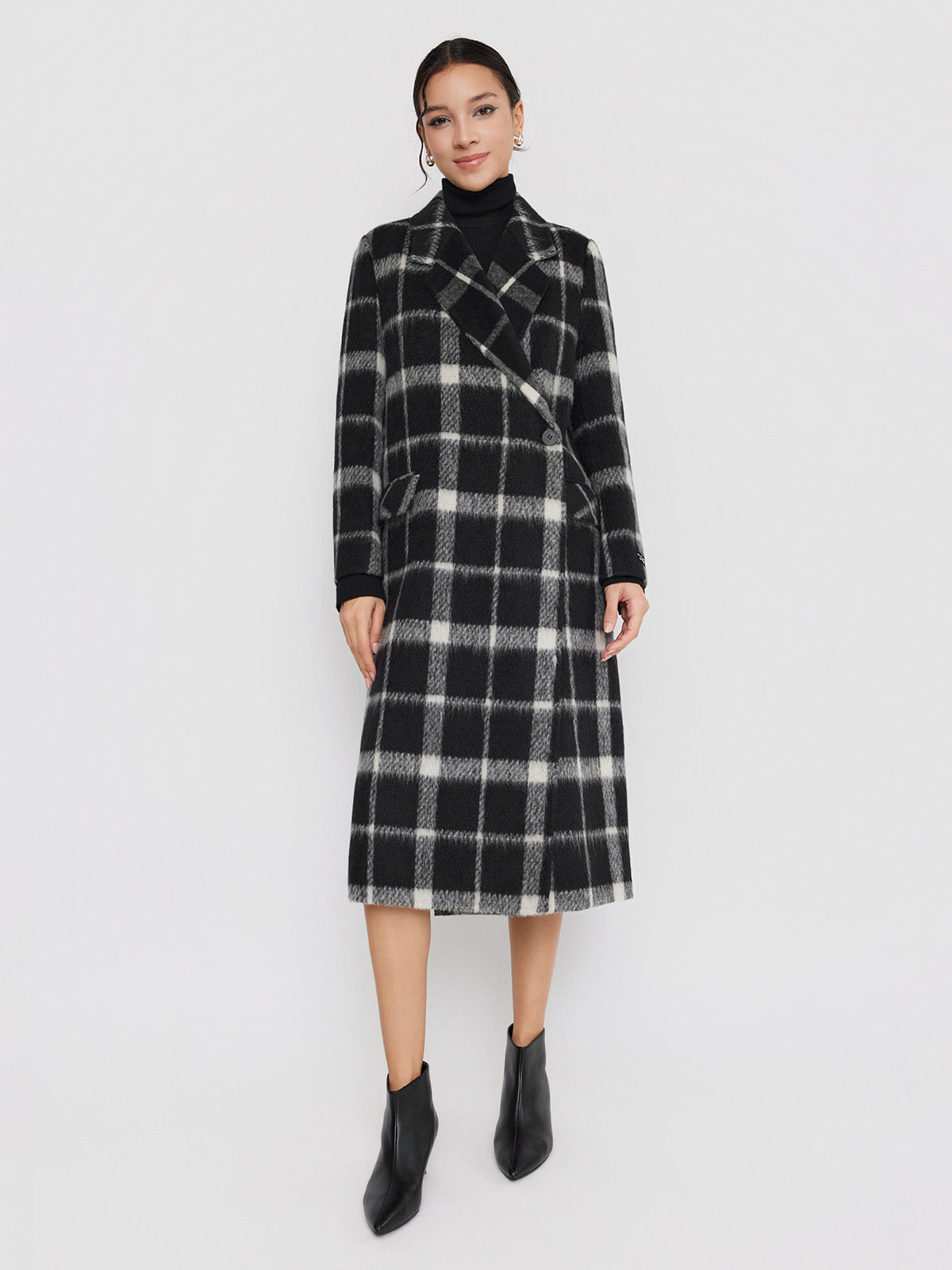 ASOBIO Double-Faced Long Wool-Alpaca Check Coat