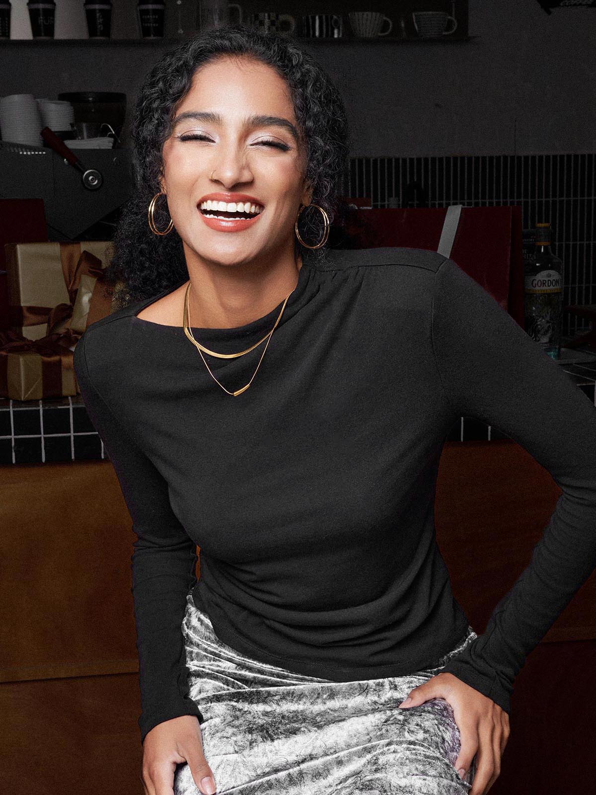 ASOBIO Long-Sleeve Draped Mockneck Top