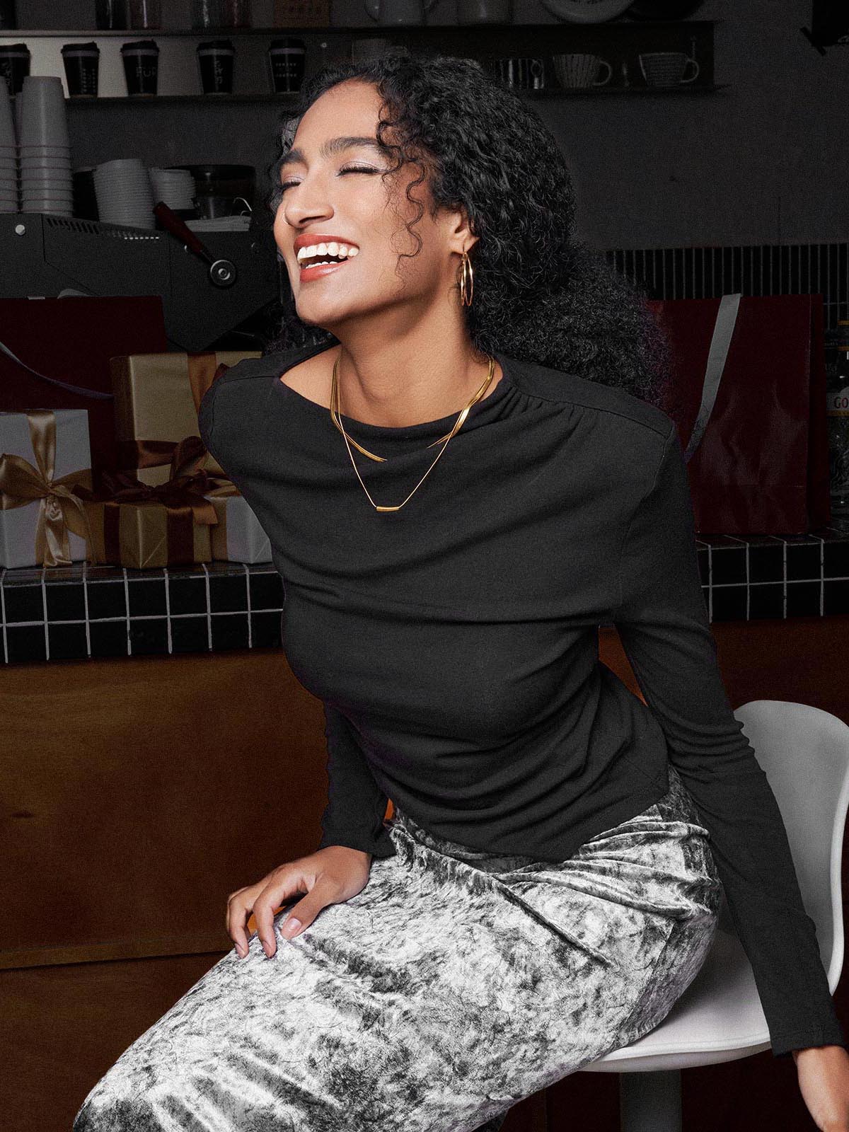 ASOBIO Long-Sleeve Draped Mockneck Top