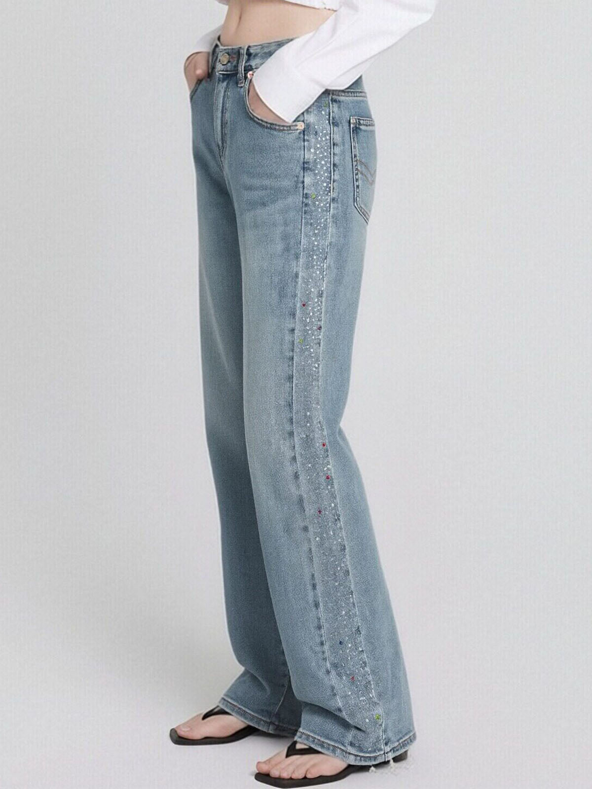 ASOBIO Rhinestone Stripe Straight Jean