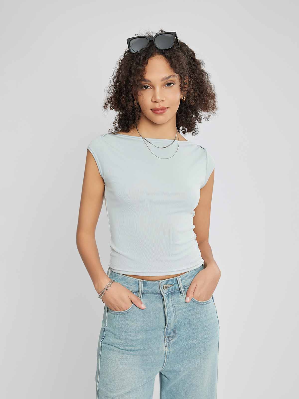 ASOBIO Slim-Fit Cap-Sleeve Boat Neck Top