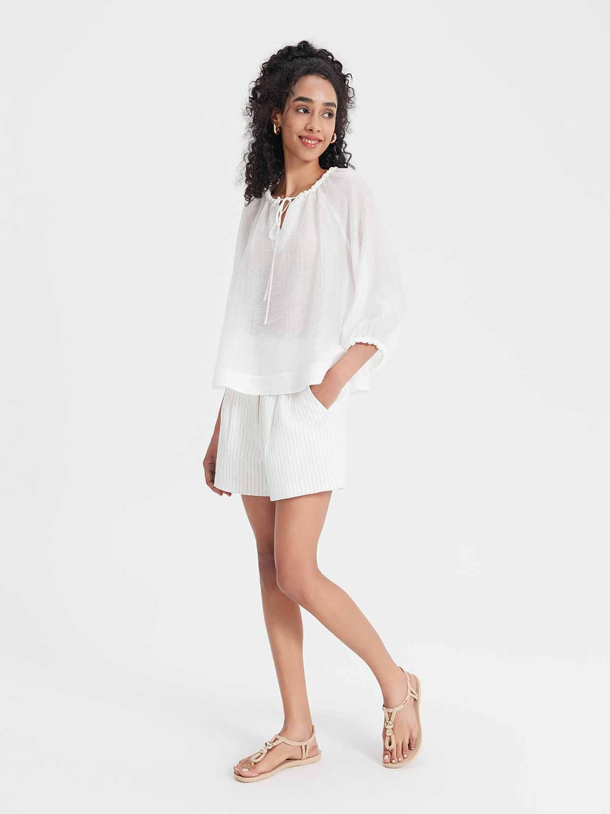 ASOBIO Tencel Textured Pleated Neck Blouse