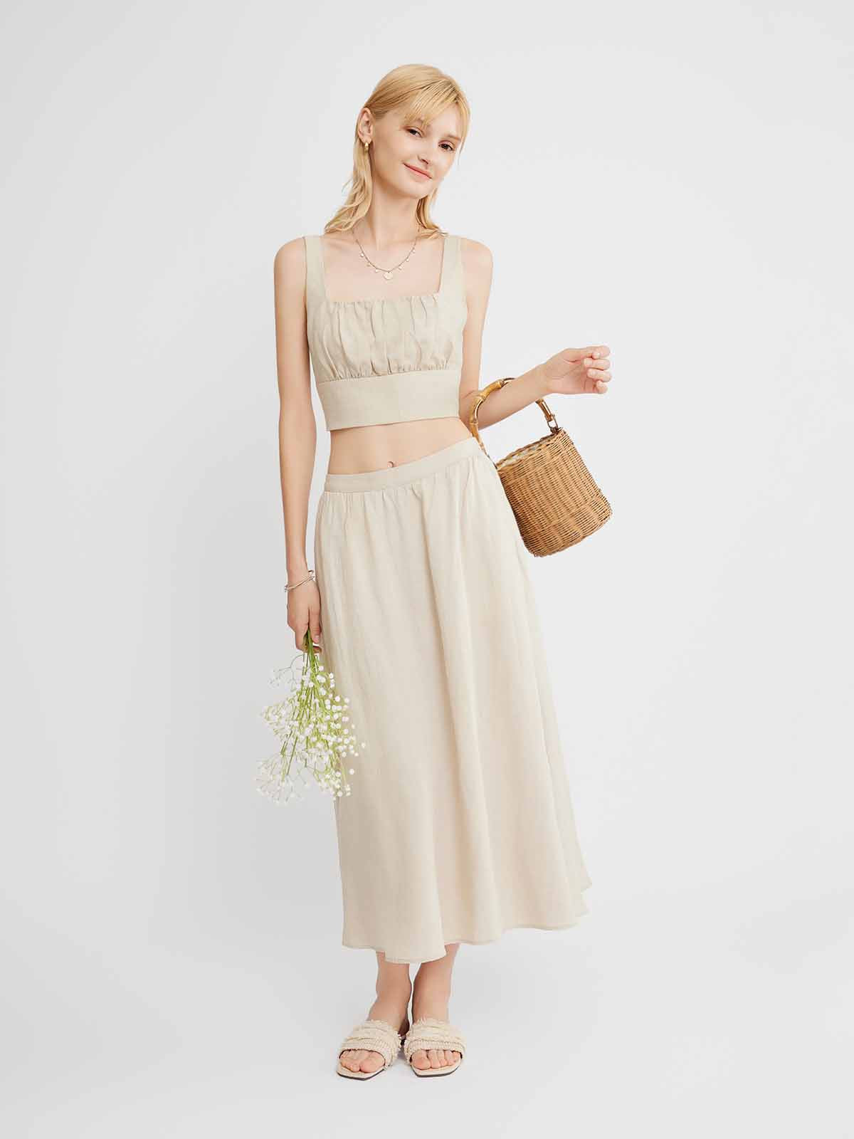 ASOBIO Linen-Blend A-Line Midi Skirt