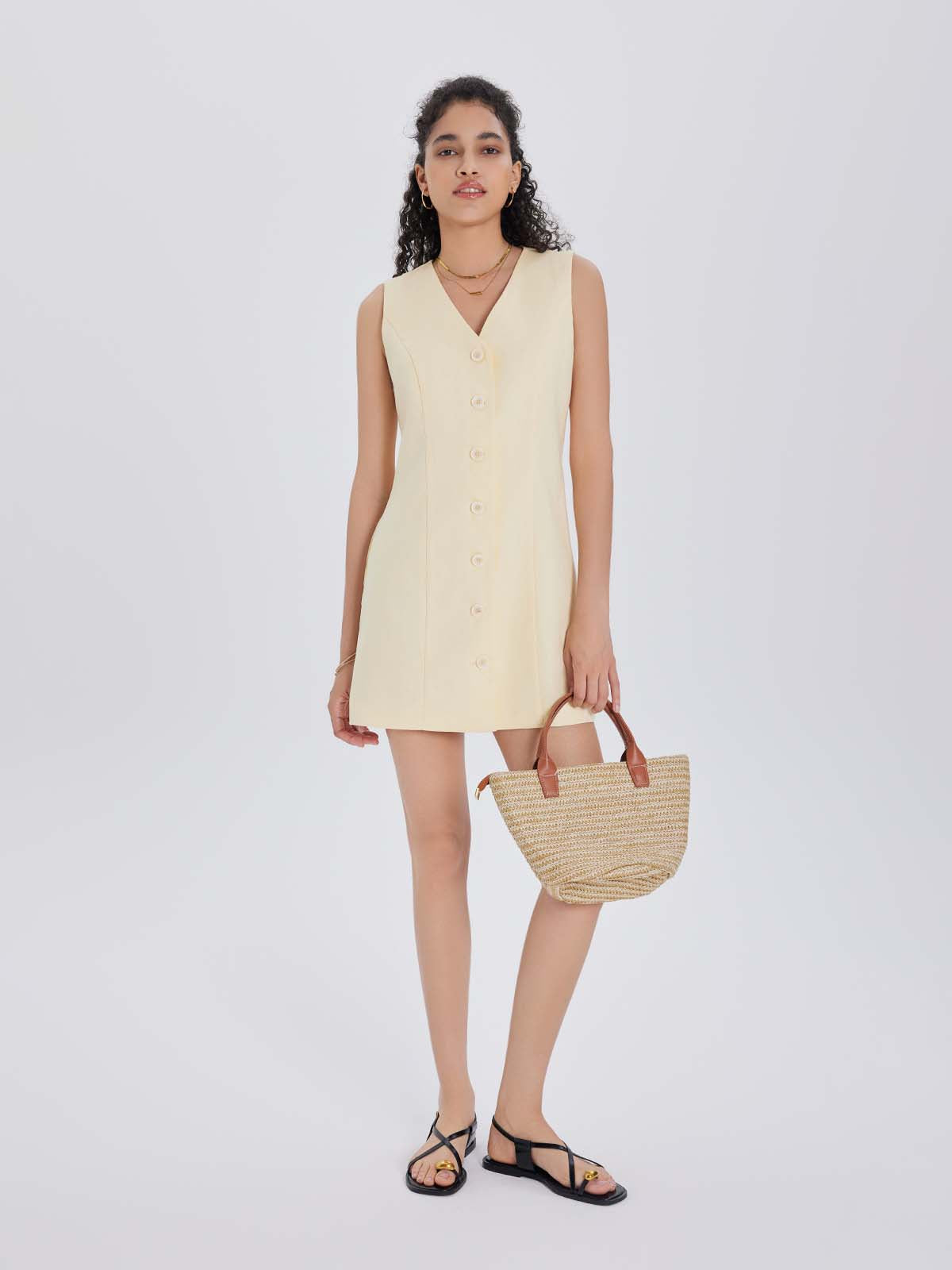 100% Linen Button-Up Linen Vest Mini Dress