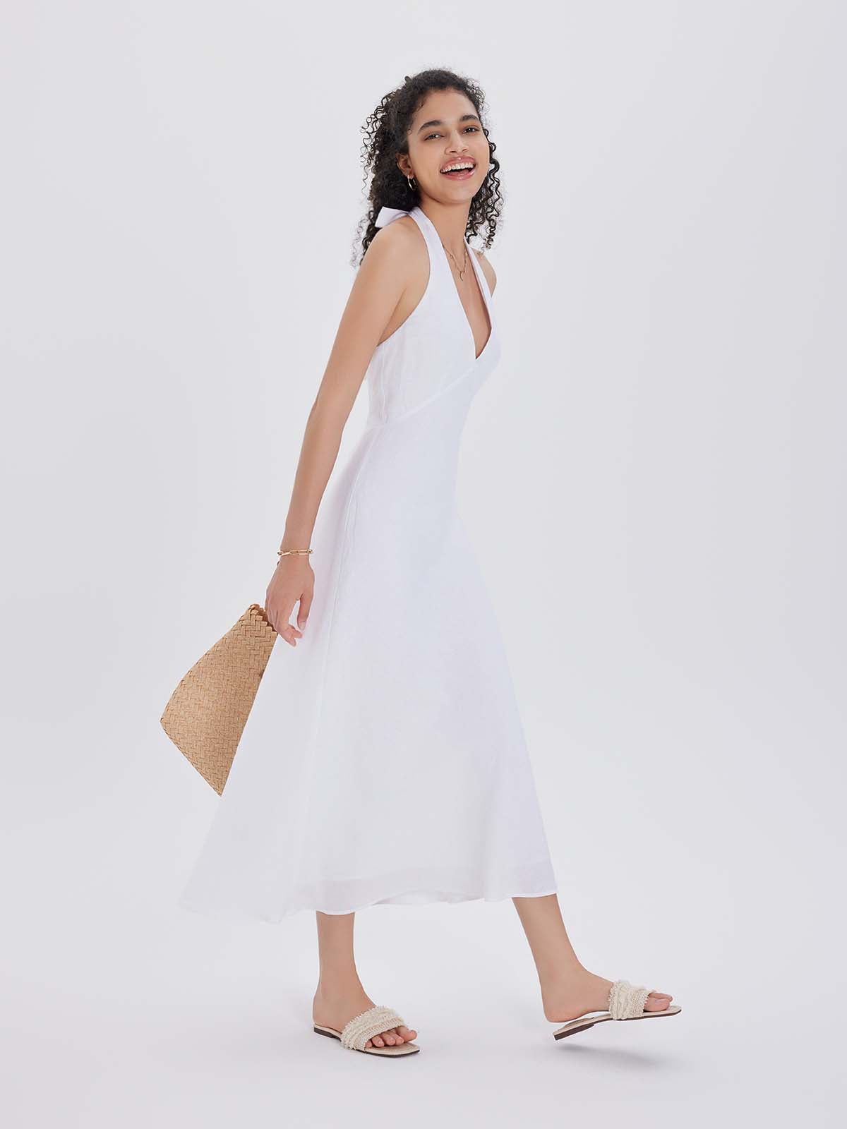 Linen Halter V-Neck Midi Dress