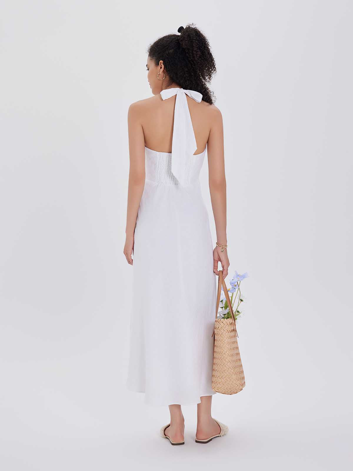 Linen Halter V-Neck Midi Dress