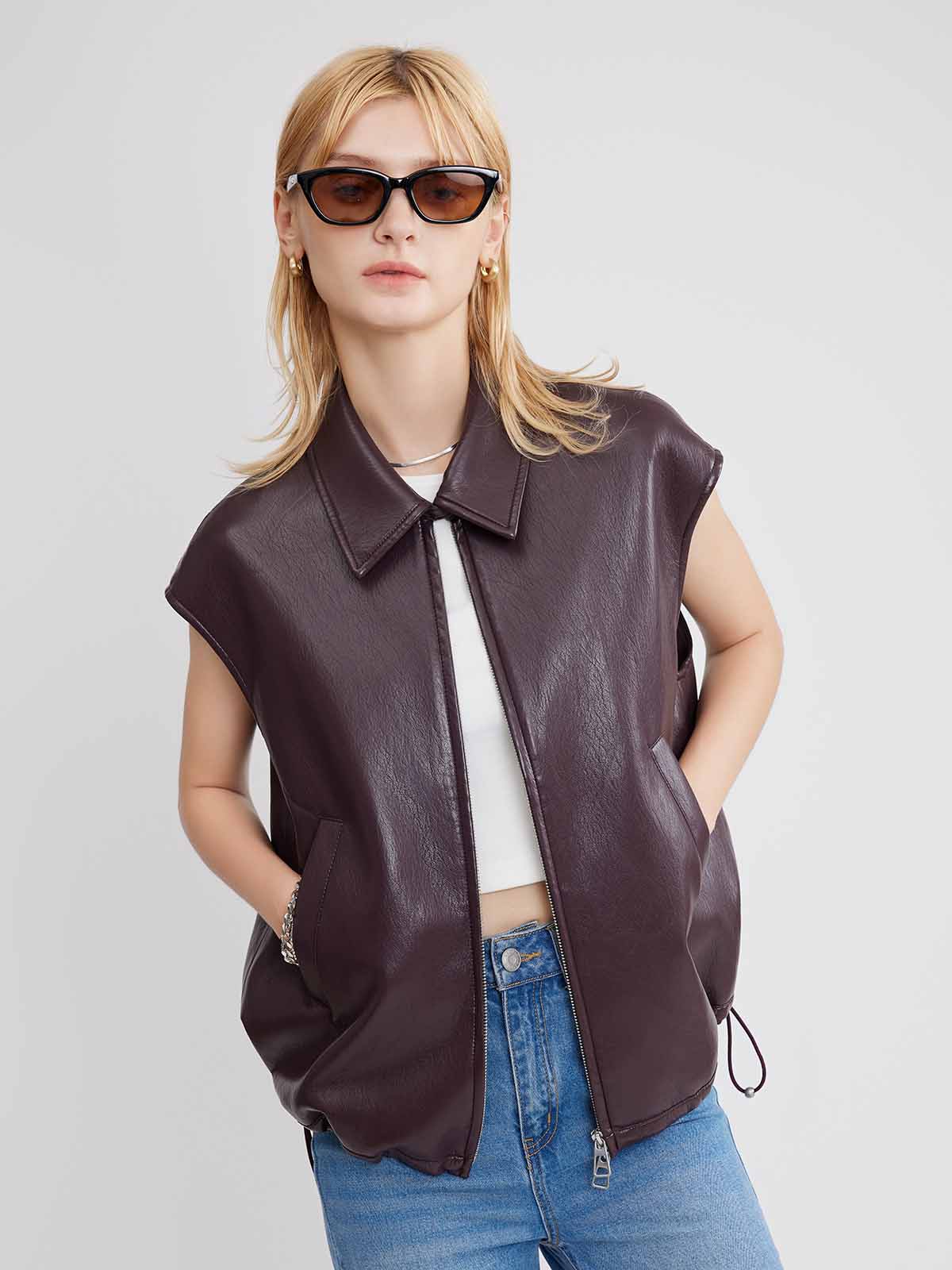 ASOBIO Faux Leather Collared Vest