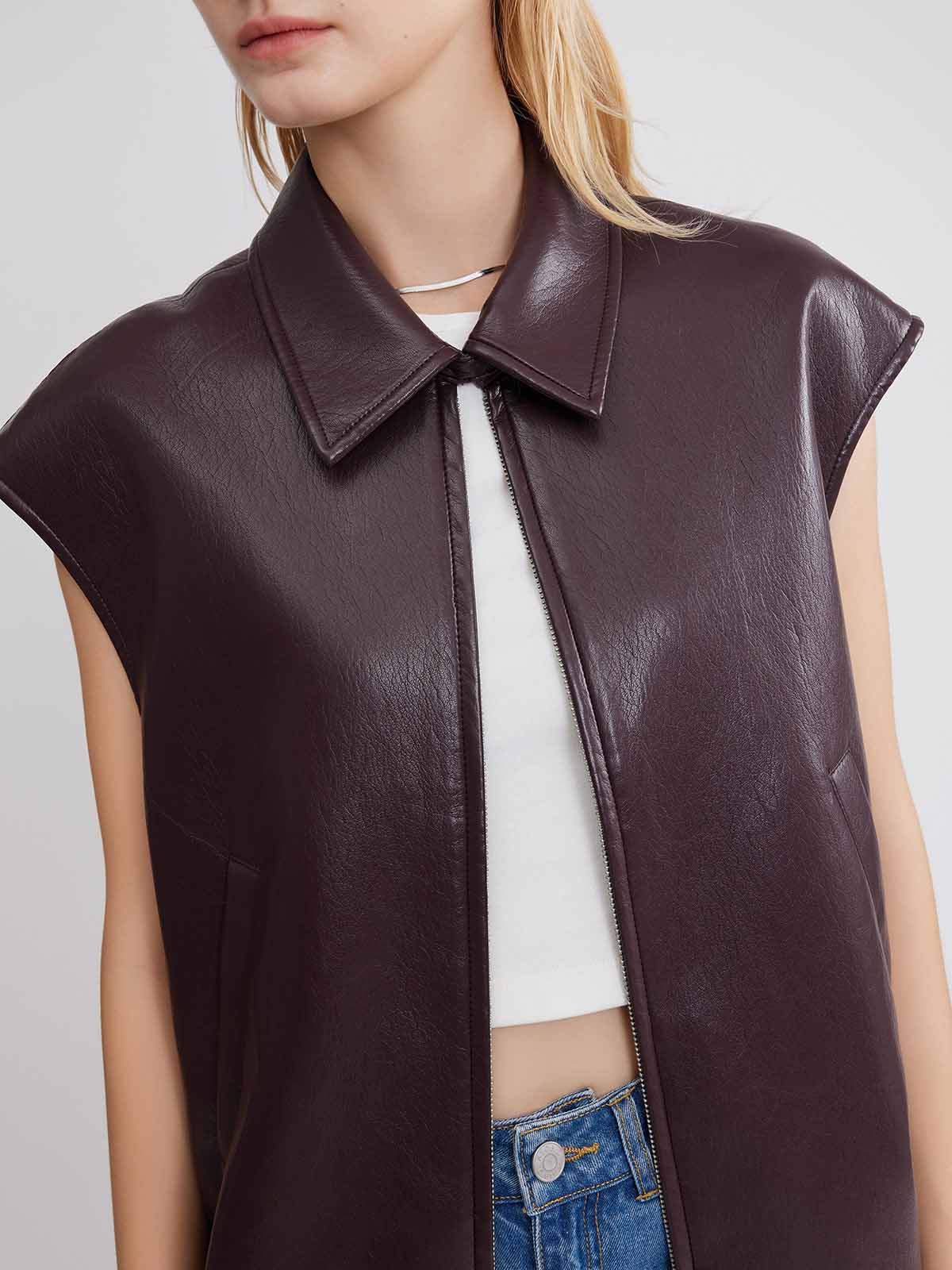 ASOBIO Faux Leather Collared Vest