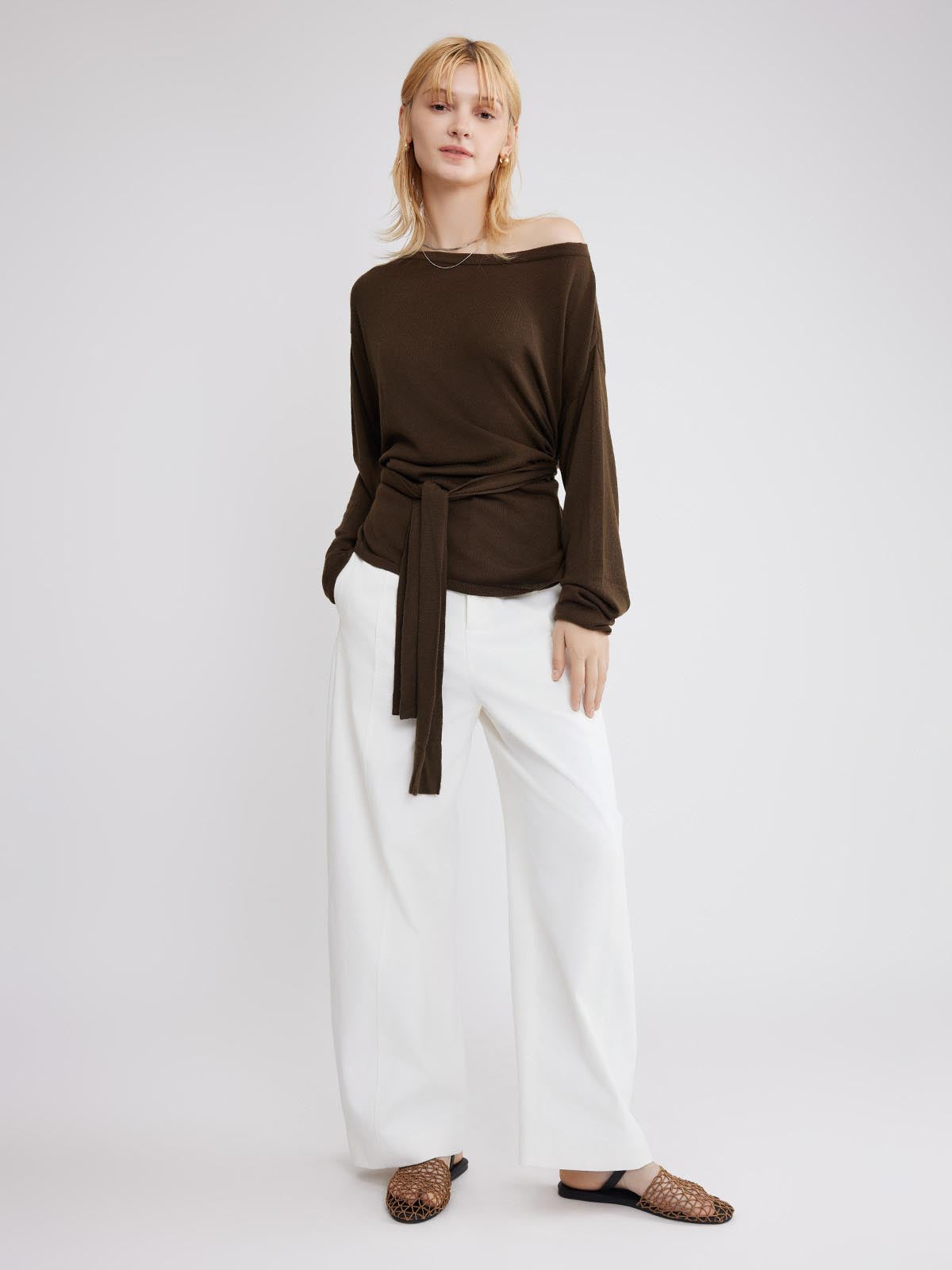 ASOBIO Wool Blend Wide Neck Knit Top