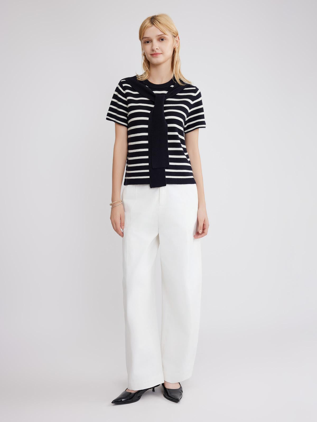 ASOBIO Wool Blend Striped Knit Top with Scarf Detail