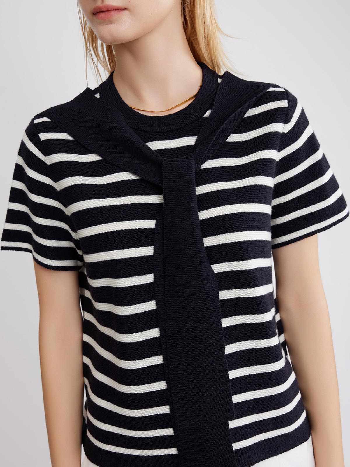 ASOBIO Wool Blend Striped Knit Top with Scarf Detail