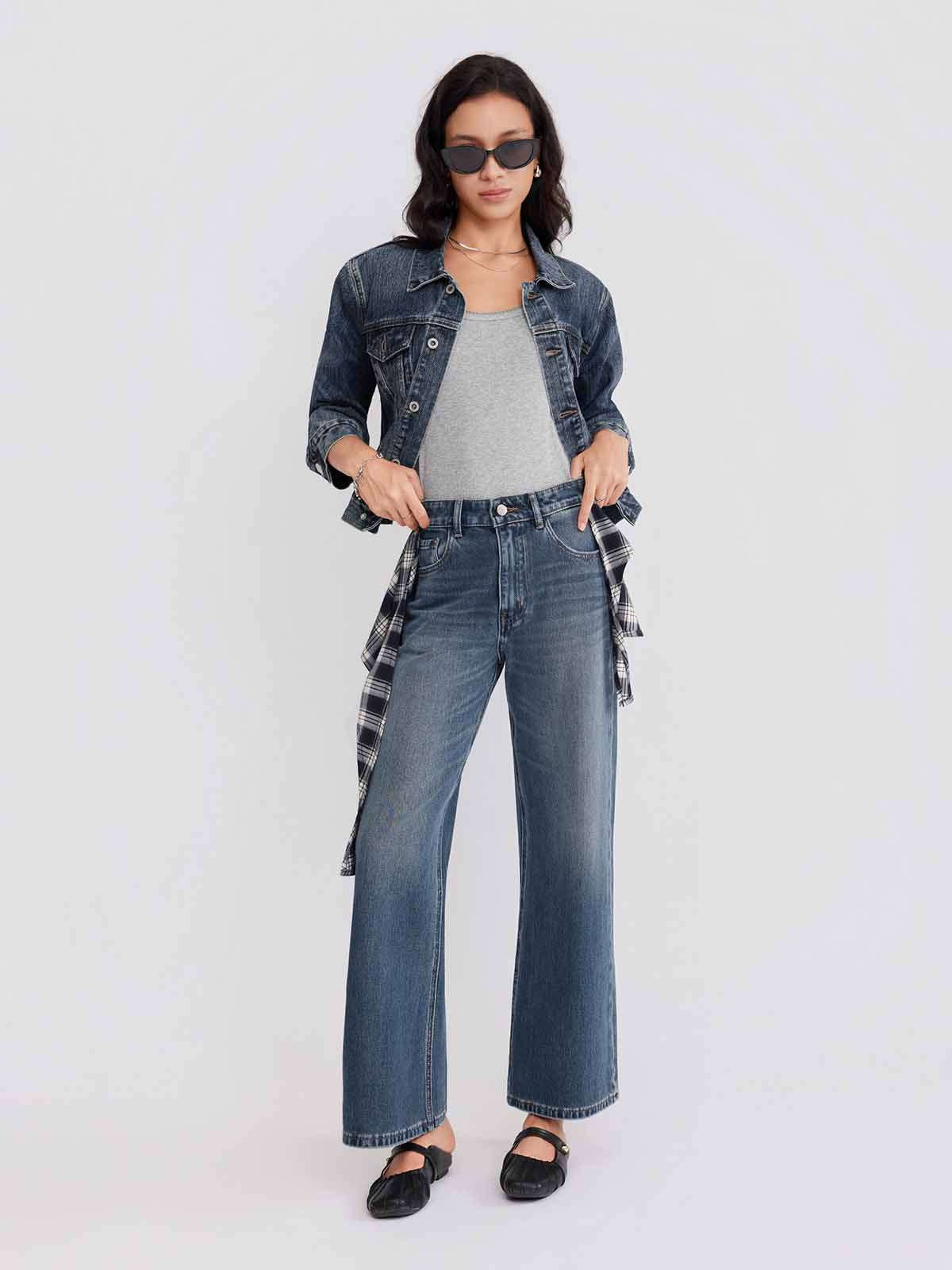 ASOBIO Plaid Tie-Detail Jeans