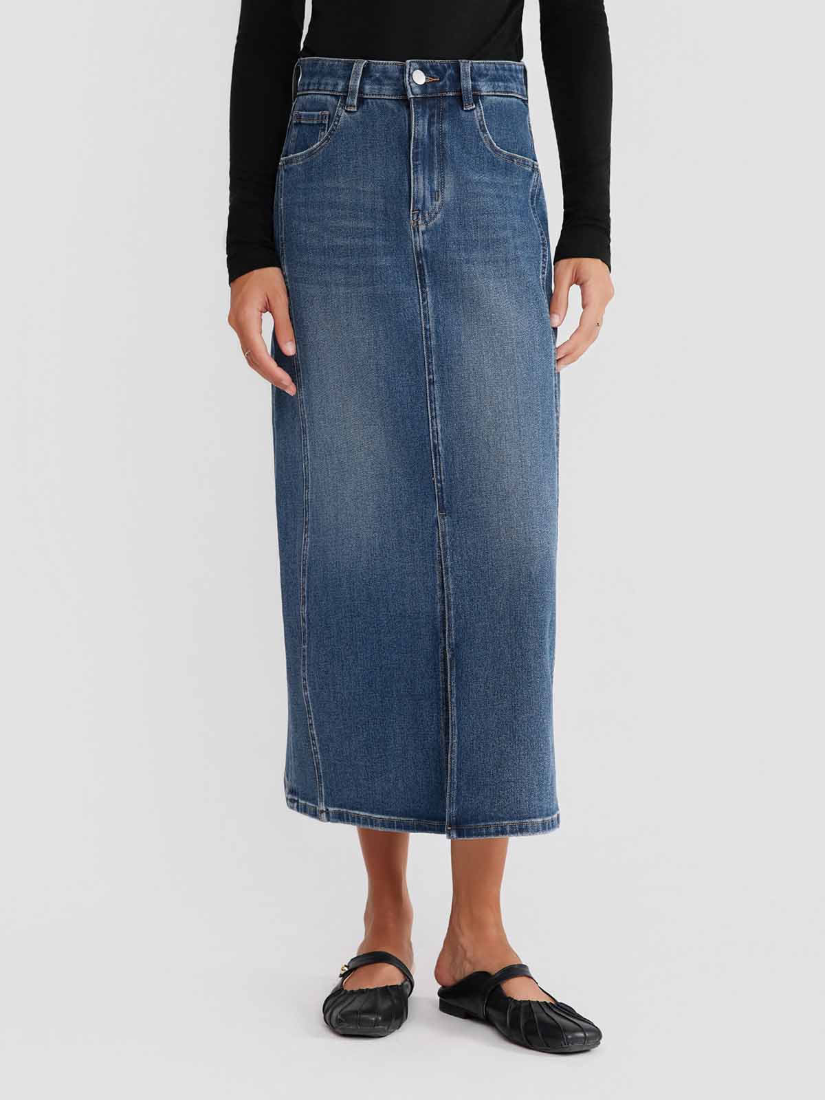 ASOBIO Stretch Denim Slit Midi Skirt