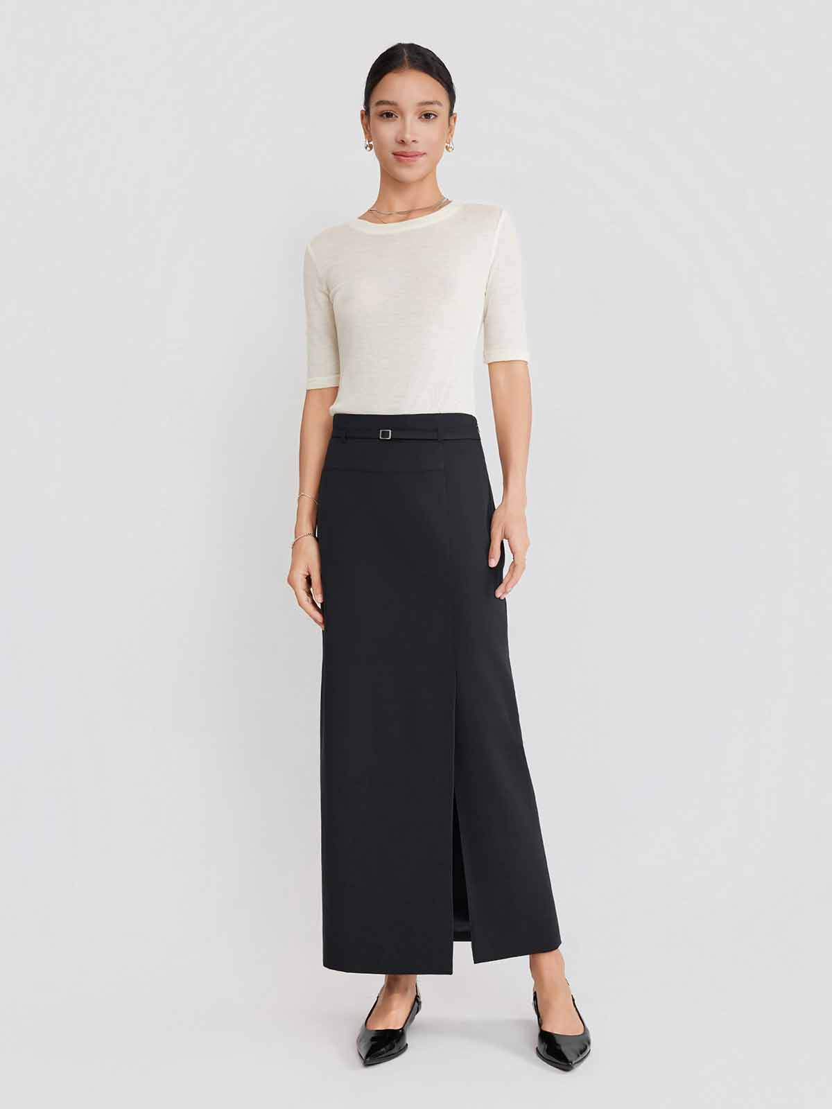 ASOBIO Belted Front-Slit Maxi Skirt