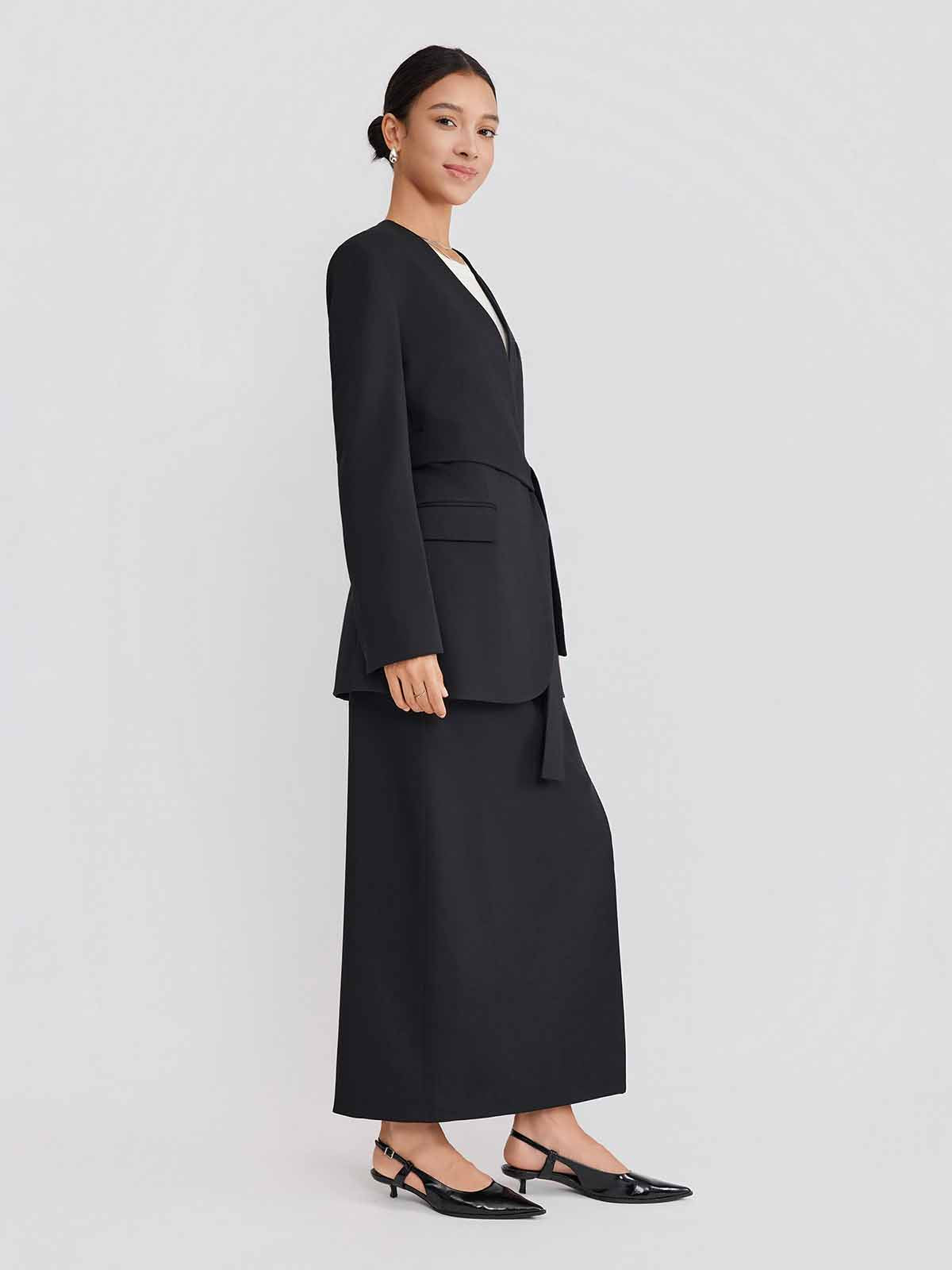 ASOBIO Belted V-Neck Structured Blazer