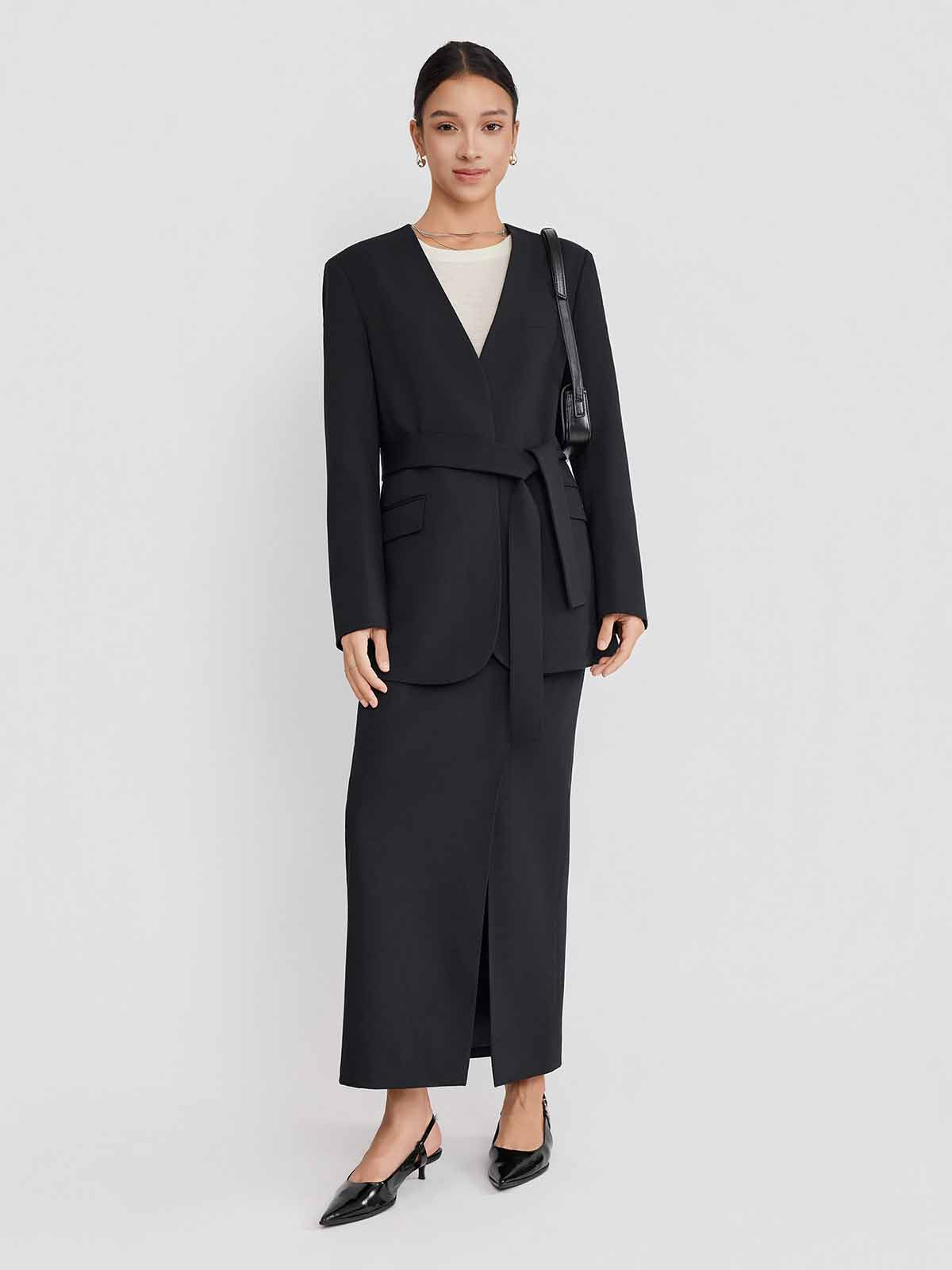 ASOBIO Belted V-Neck Structured Blazer