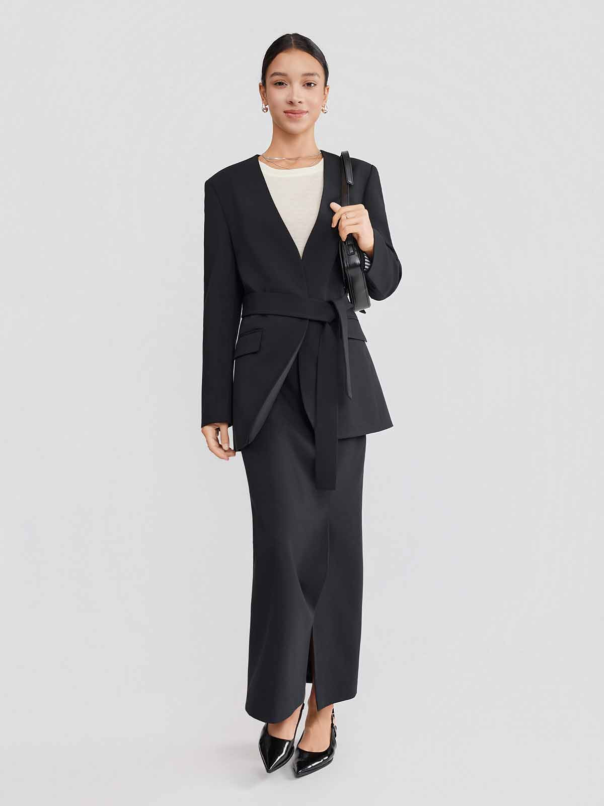 ASOBIO Belted V-Neck Structured Blazer