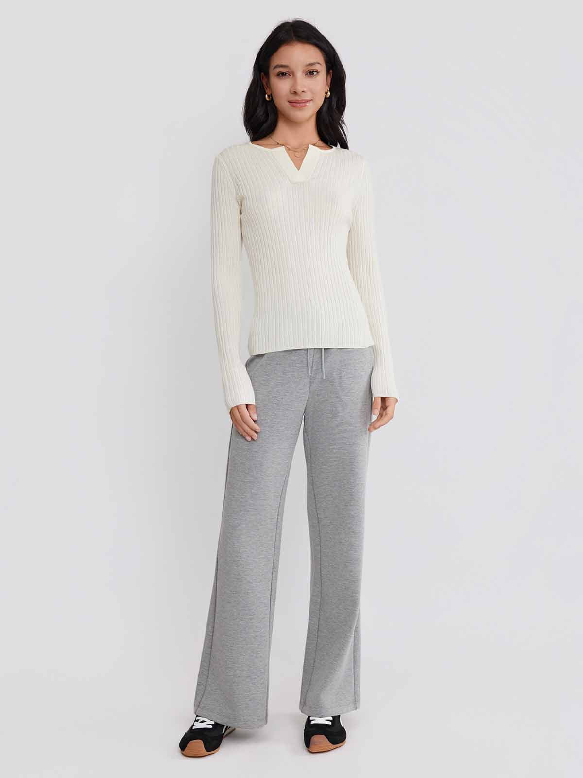 ASOBIO 100% Wool Ribbed V-Neck Pullover Sweater