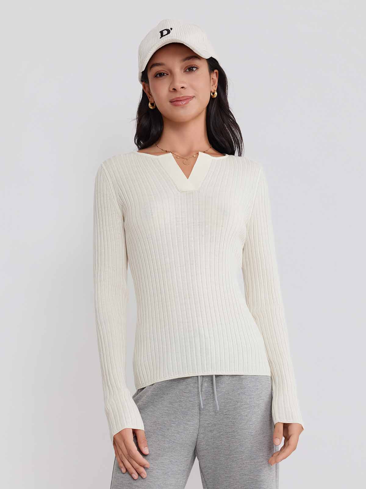 ASOBIO 100% Wool Ribbed V-Neck Pullover Sweater