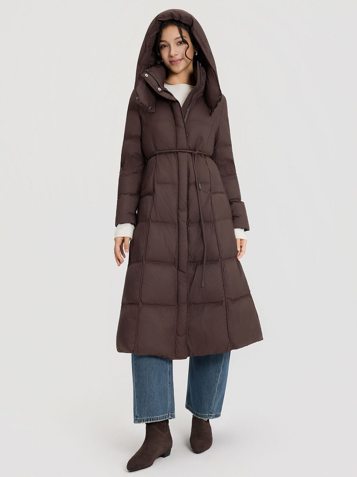 ASOBIO Belted Long Hooded Goose Down Puffer