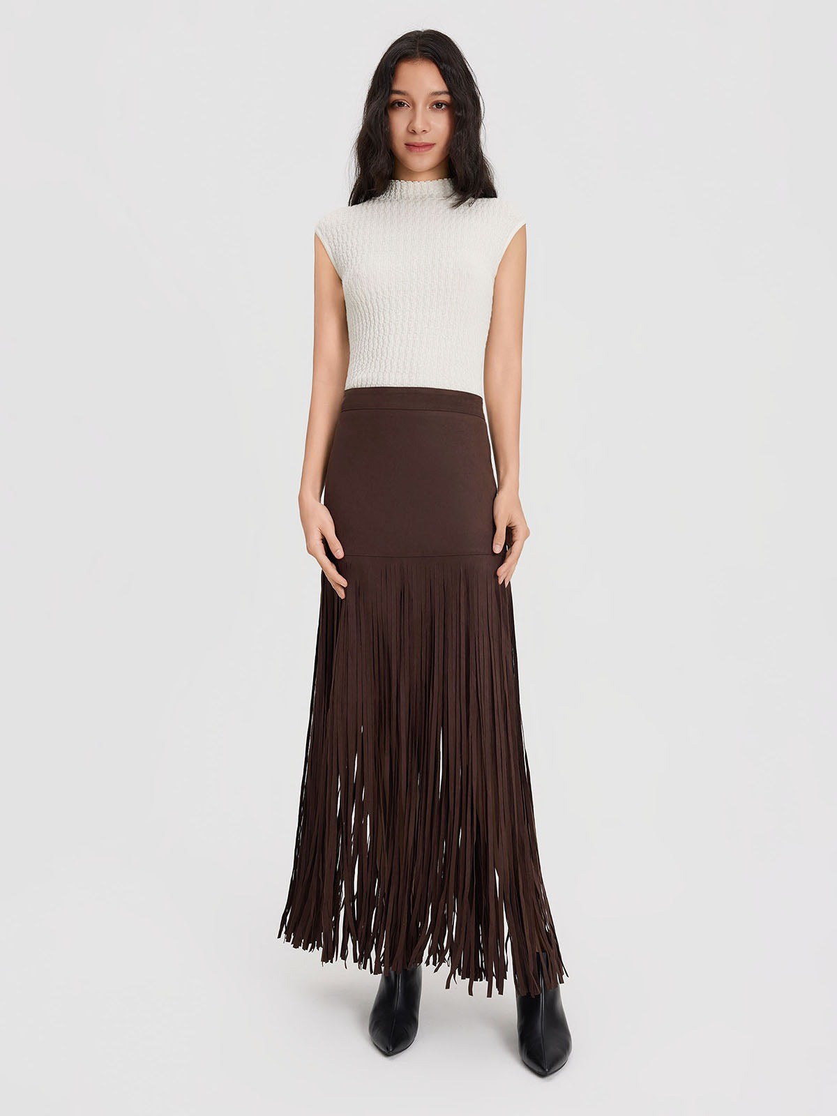 ASOBIO Mid-Rise Suede Fringe Maxi Skirt
