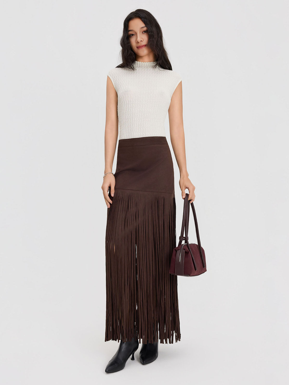 ASOBIO Mid-Rise Suede Fringe Maxi Skirt