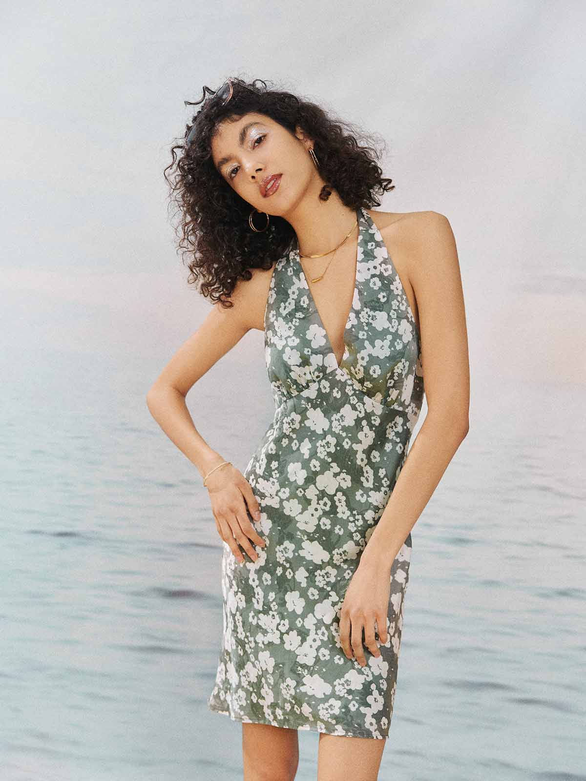 ASOBIO Halter V-Neck Draped Mini Dress