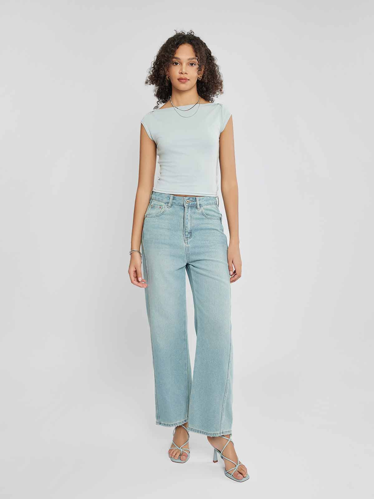 ASOBIO Slim-Fit Cap-Sleeve Boat Neck Top