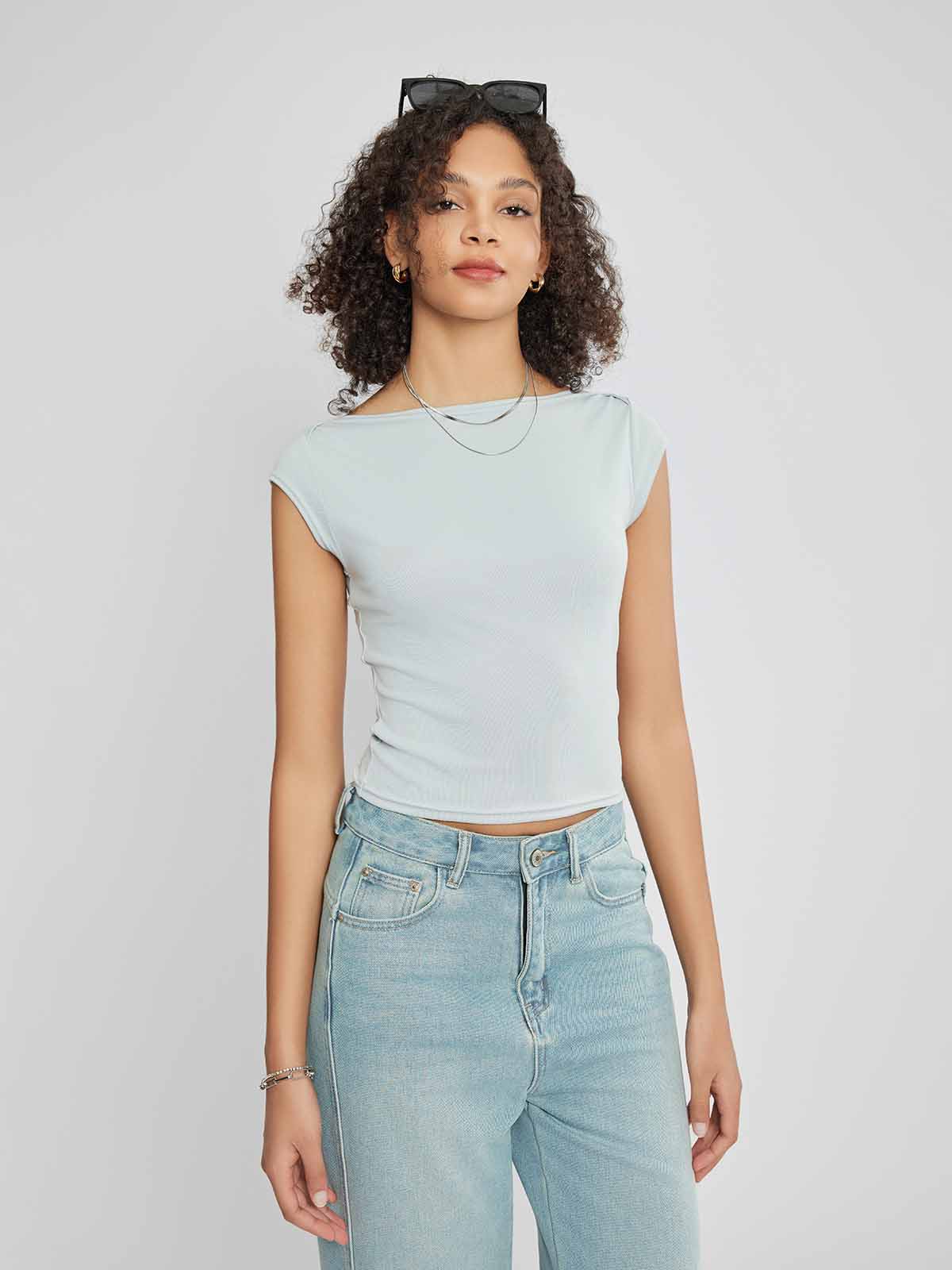 ASOBIO Slim-Fit Cap-Sleeve Boat Neck Top