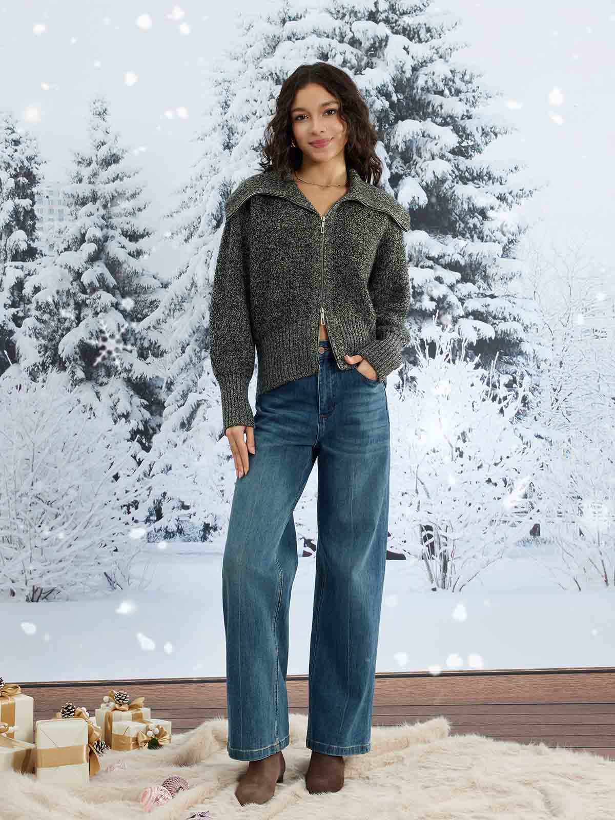 ASOBIO 100% Wool Zip-Up Cardigan