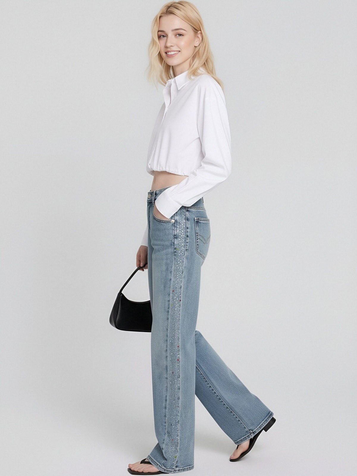 ASOBIO Rhinestone Stripe Straight Jean