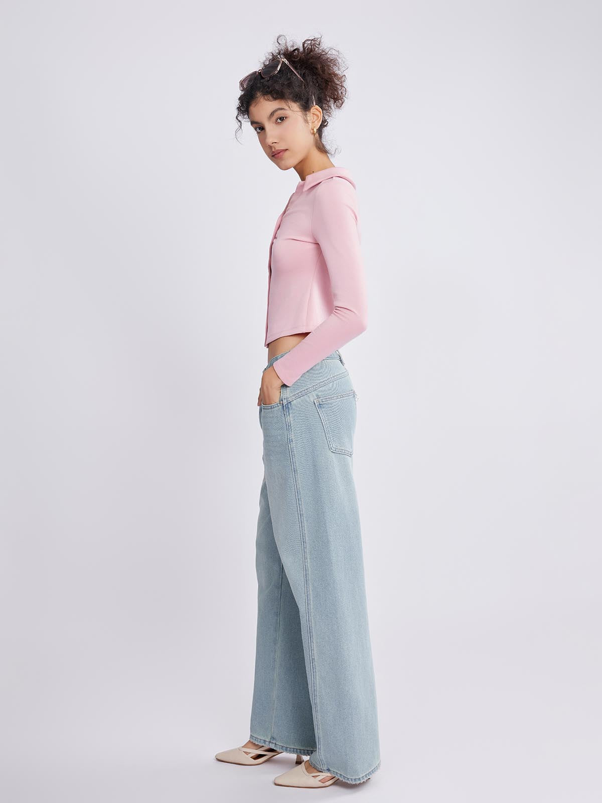 ASOBIO Long Sleeve V-Neck Ribbed Knit Shirt