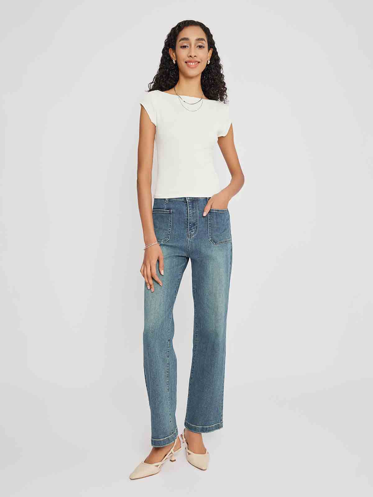 Slim-Fit Cap-Sleeve Boat Neck Top