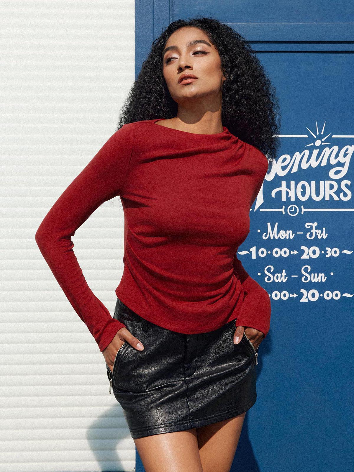 ASOBIO Long-Sleeve Draped Mockneck Top