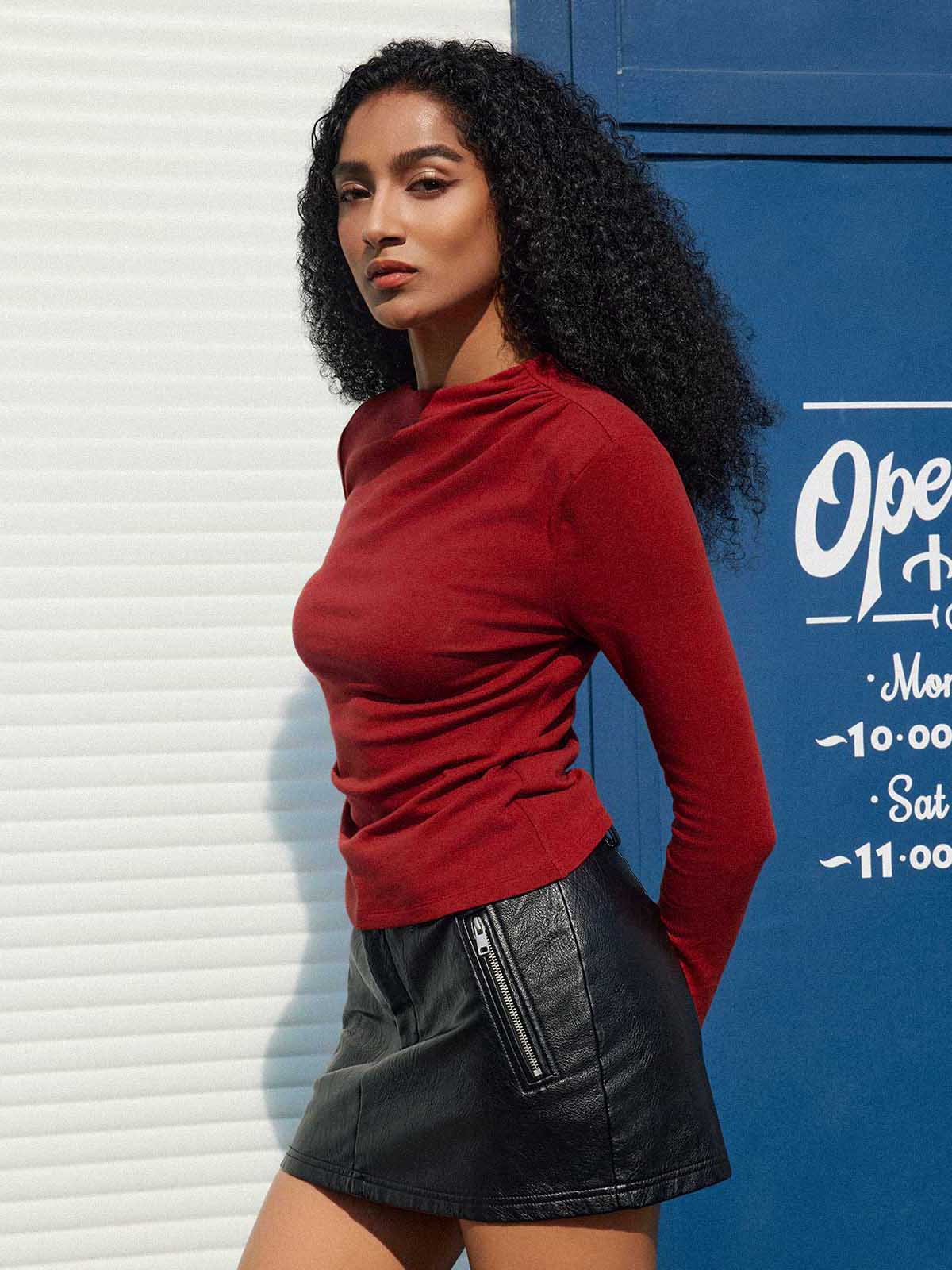 ASOBIO Long-Sleeve Draped Mockneck Top