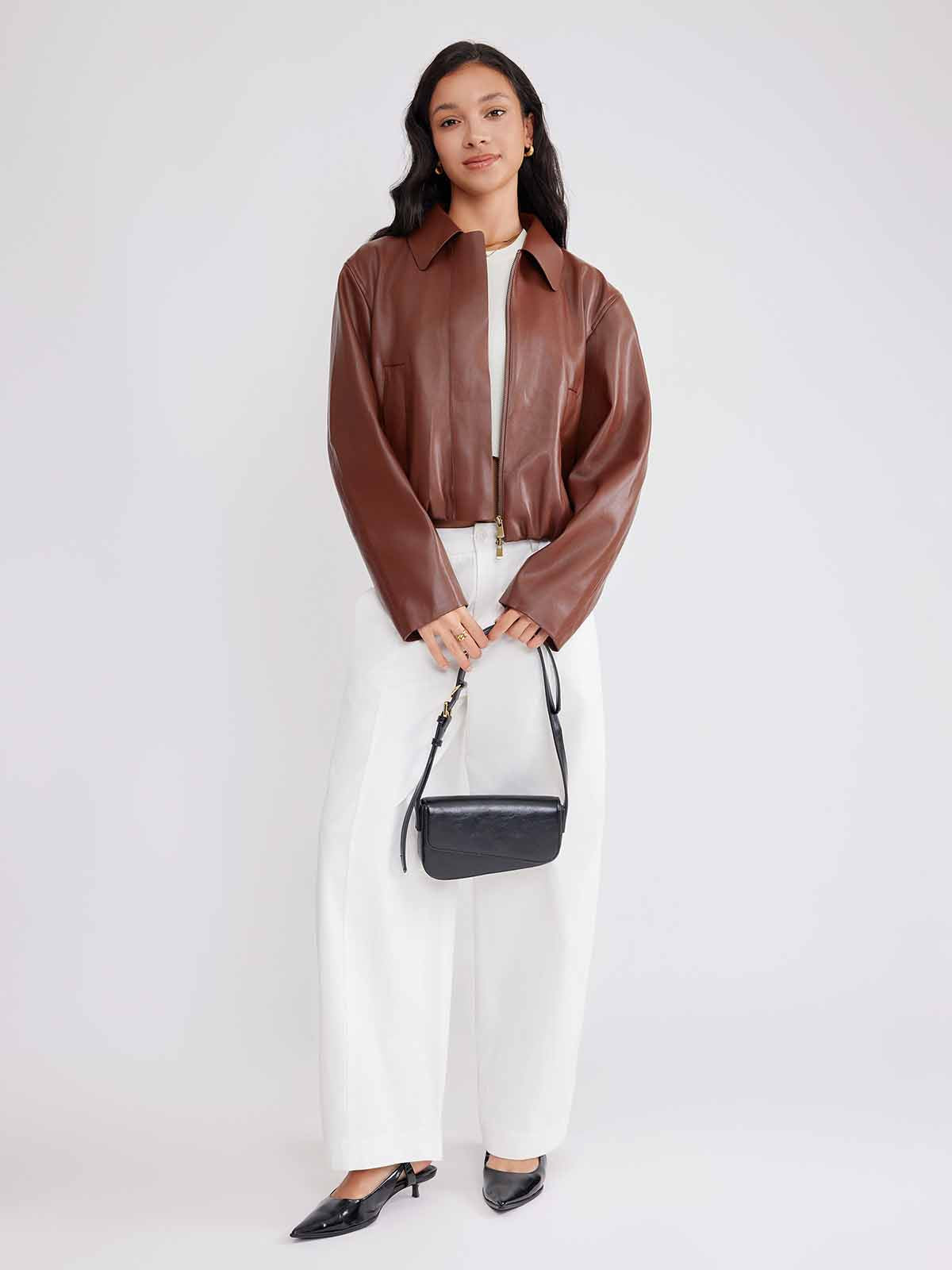 ASOBIO Cropped Faux Leather Jacket