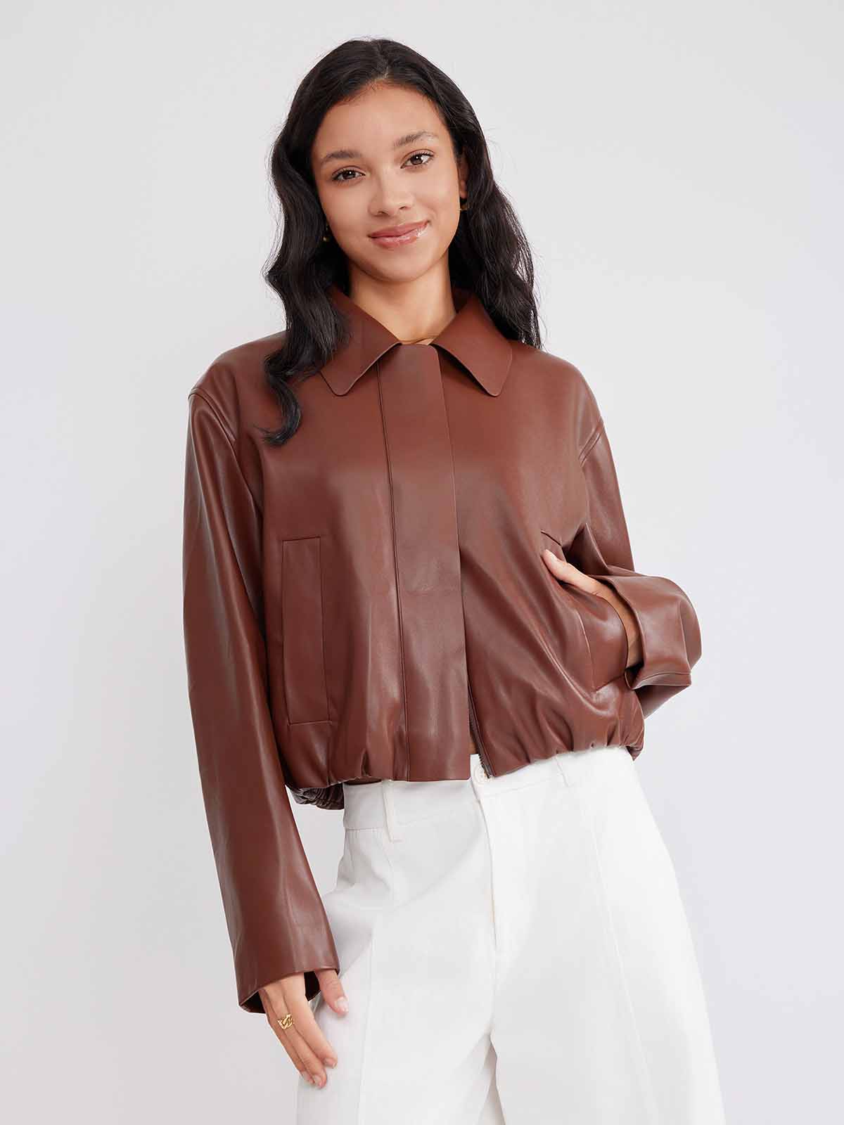 ASOBIO Cropped Faux Leather Jacket