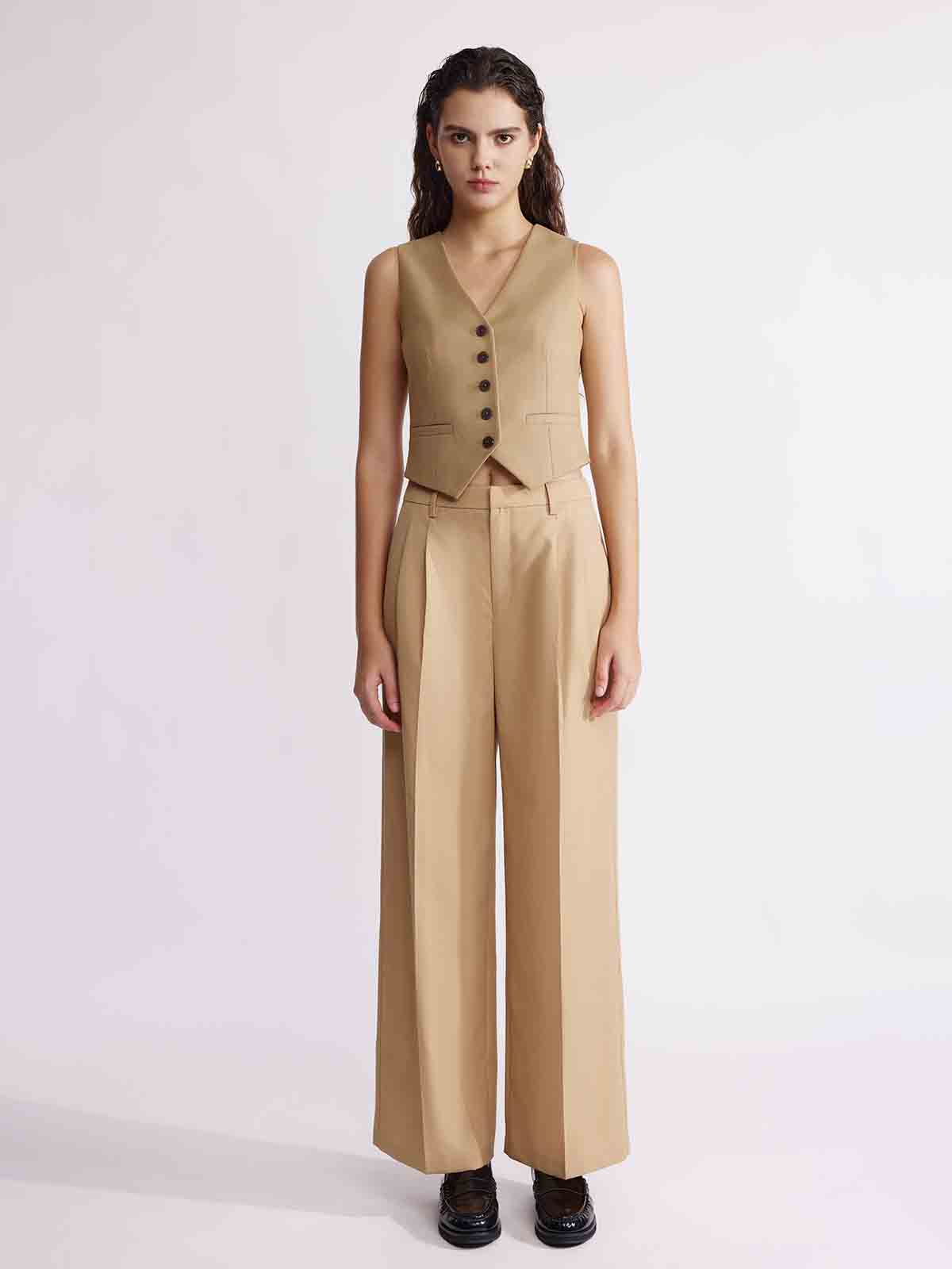 ASOBIO Wool Blend Mid-Rise Pleated Wide-Leg Trousers
