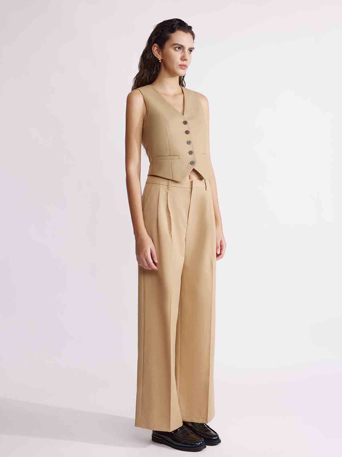 ASOBIO Wool Blend Mid-Rise Pleated Wide-Leg Trousers