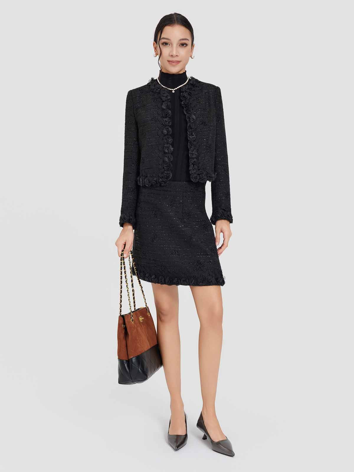 ASOBIO Tweed Mini Skirt with Floral Trim