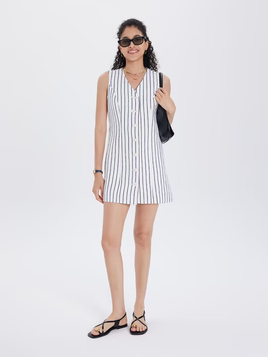  100% Linen Button-Up Linen Vest Mini Dress