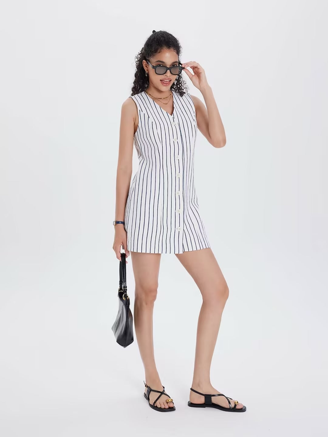  100% Linen Button-Up Linen Vest Mini Dress